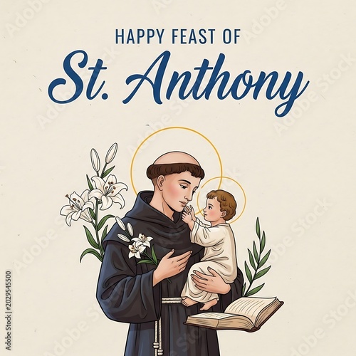 Illustration of st anthony holding a child with a book and flowers on a beige background with a religious message