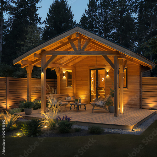 Cozy wooden house at night with warm outdoor lighting and garden
