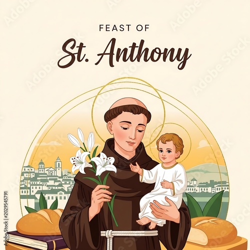 Illustration of st anthony holding a child and white lilies with a cityscape background and bread and books at his feet, feast of st anthony celebration