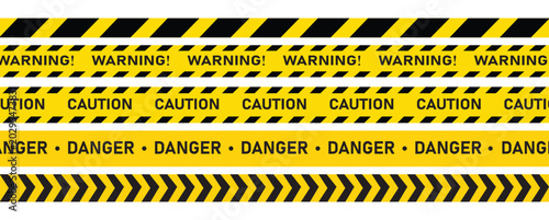 Foto Yellow and black caution tape vector set, seamless hazard warning ribbons with text warning, caution, and danger, industrial safety barrier stripe collection