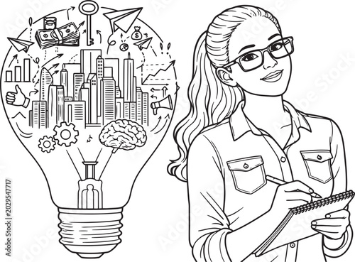 Creative businesswoman, lightbulb idea, cityscape, innovation concept, vector illustration