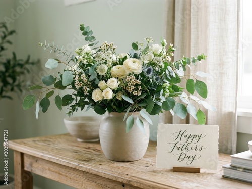 A beautiful bouquet of white flowers on a wooden table with a happy fathers day card