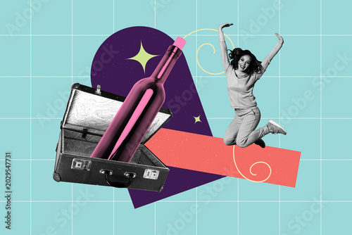 Foto Composite collage pop zine image of happy girl jump wine bottle pub celebration