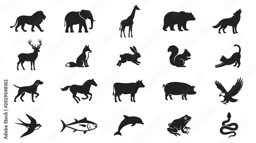 Fototapeta premium Clean Set of 20 Black Animal Silhouette Icons – Mammals, Birds, Fish, Insects, and Reptiles Arranged in 5×4 Grid