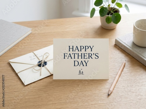 Happy fathers day card on a wooden table with envelope and pencil