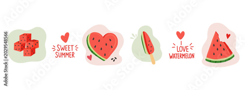 Cute hand-drawn watermelon collection, juicy watermelon slices, heart-shaped watermelon, summer desserts, fruit platter, popsicles, tropical beach vibes.
