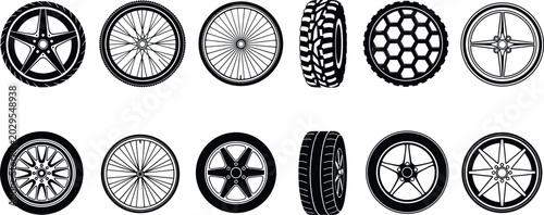 Photos Car and Bicycle Wheel Vector Silhouette Set Featuring Car Tires, Rims, Alloy Spo