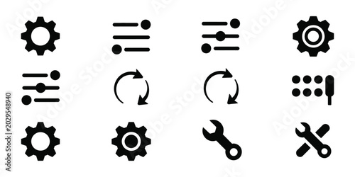 Tableau sur toile Settings and tools vector icon set, featuring gear, wrench, and equalizer symbol