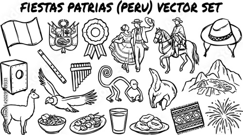 Canvas Print Black and White Line Art Peruvian Fiestas Patrias Vector Set