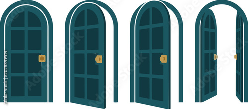 Teal arched doors in various states of opening, set of four vector door icons with gold handles, elegant entrance doorways for architectural design