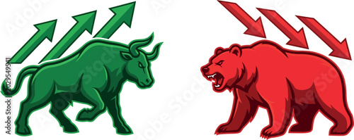 Foto Bull and bear market symbols with arrows