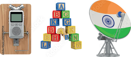 Konstfotografi Diverse Vector Collection Featuring a Portable Audio Recorder, Alphabet Toy Bloc