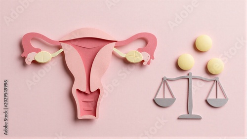 Female reproductive system with pills and scales symbolizing medical