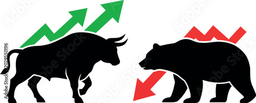 Bild auf Leinwand Bull and bear market symbols with green up and red down arrows