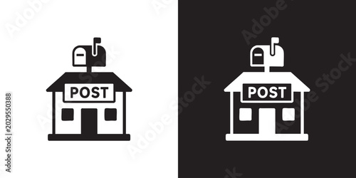 Konstfotografi Minimalist Post Office Icon with Mailbox - Black and White Postal Service Buildi