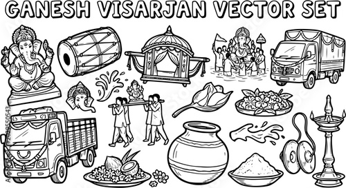 Billede på lærred Ganesh Visarjan Festival Black  White Line Art Vector Set