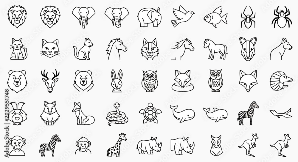 Fototapeta premium Collection of Hand Drawn Animal Icons Featuring Diverse Wildlife and Domesticated Creatures in Outline Style, Vector Art