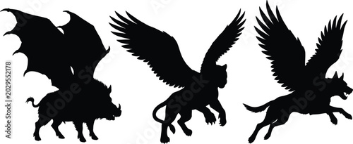 Fotografie Set of black mythical creature silhouettes including winged boar, griffin, and flying wolf isolated on a white background vector