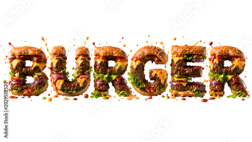 Burger Word Crafted from Stacked Cheeseburgers with Sauce Splash on Black Background