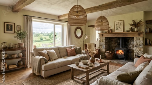Inviting and Cozy Rustic Living Room Interior with Warm Decor and Countryside View