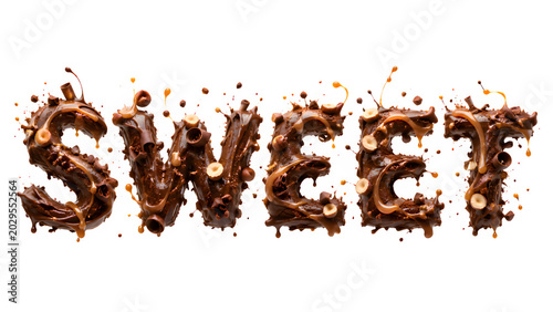 Sweet Word Formed by Flowing Chocolate and Hazelnuts on Dark Background