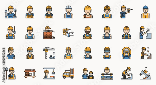 Collection of construction worker icons with tools and equipment for building and repair jobs diverse professions