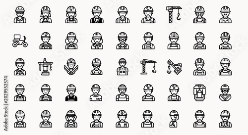 Collection of Construction Worker Icons with Helmets and Tools Diverse Professions and Equipment
