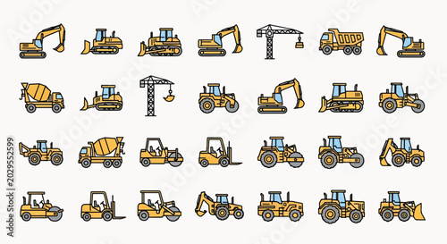 Collection of Construction Vehicles and Equipment Icons Set Yellow Flat Design Isolated on White Background Vector