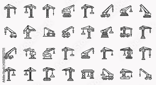 Collection of construction crane icons with different designs and variations, heavy machinery and lifting equipment symbols