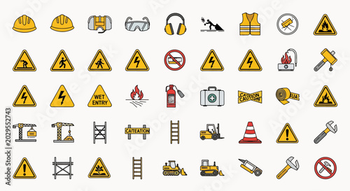 Collection of construction and safety icons featuring hard hats, safety vests, tools, and warning signs for industrial use
