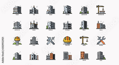 Collection of construction and industry icons featuring buildings, cranes, and tools, modern flat design for web and app interfaces