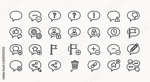 Collection of chat bubble icons with various symbols and icons like like, dislike, question, exclamation, settings, lock, and user profile