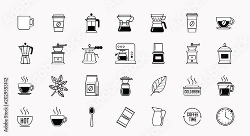 Collection of Coffee Icons and Symbols Representing Brewing Methods, Ingredients, and Time, Flat Design