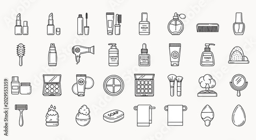 Collection of beauty and personal care hygiene icons, including lipstick, mascara, hair dryer, comb, nail polish, and skincare products.