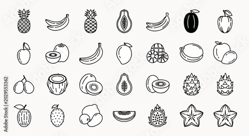 Collection of 35 Hand Drawn Tropical Fruits Icons in Black and White Outline Style, Perfect for Healthy Eating and Organic Food Designs