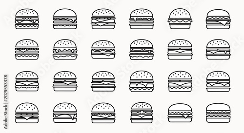 Collection of 20 Diverse Hamburger Icons in Outline Style Minimalist Food Illustrations Seamless Pattern