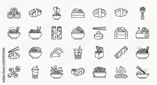 A delightful collection of asian food icons featuring sushi, ramen, dumplings, spring rolls, and bubble tea, all in a clean outline style.