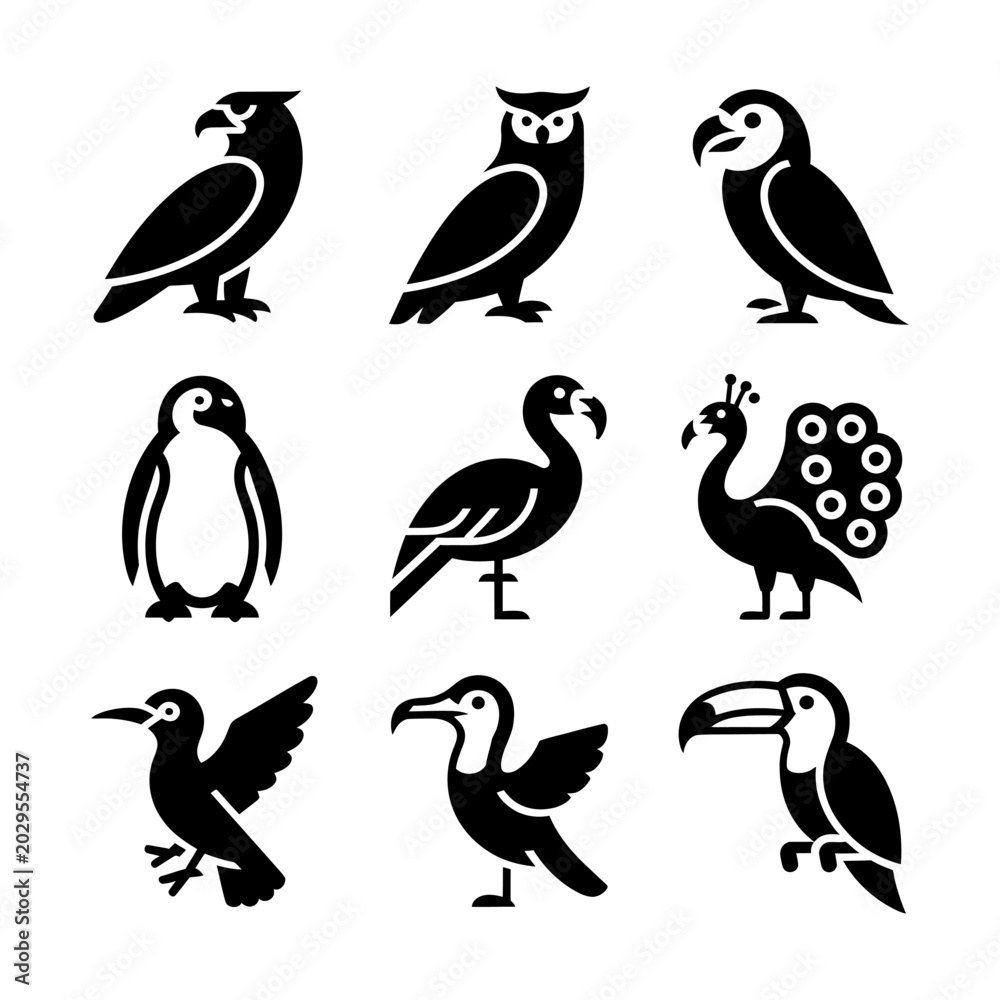 Fototapeta premium Collection of nine black and white vector illustrations of various birds with feathers