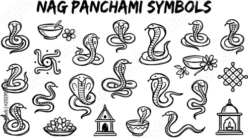 Billede på lærred Nag Panchami Symbols Line Art: Cobra Snakes, Puja Bowl, Lotus, Temple, Kolam