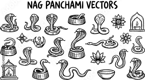 Bild auf Leinwand Nag Panchami Vectors: Black and White Line Art of Cobras, Lotuses, and Temples