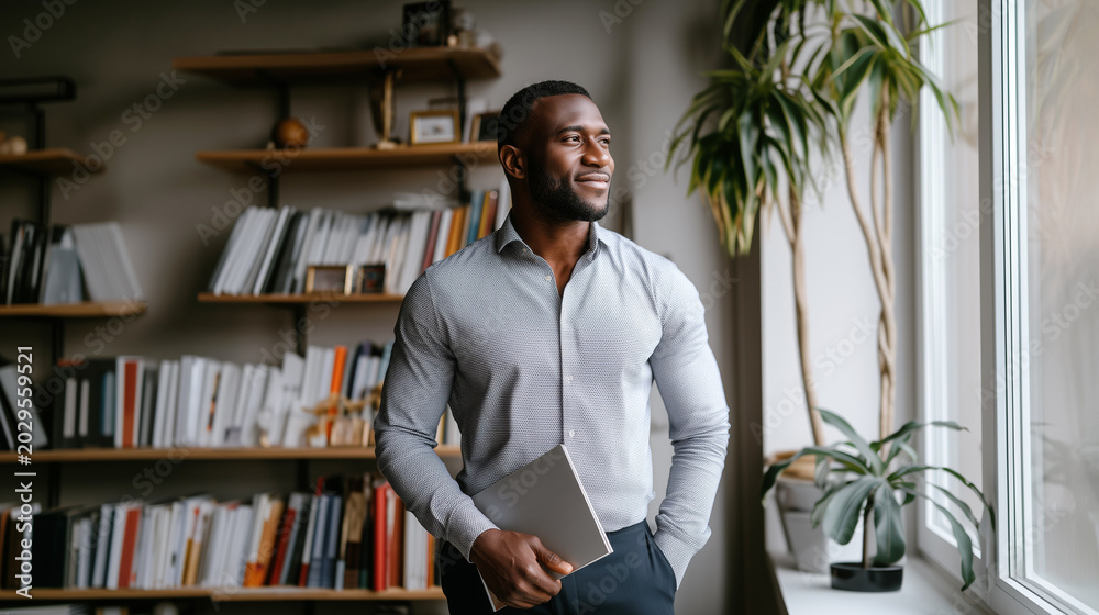 Fototapeta premium Confident smiling businessman holding tablet standing near window in stylish office with bookshelf and plant. Proud career achievement, leadership success, professional business vision panorama.