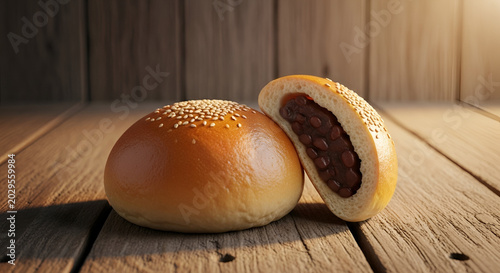 Japanese Red Bean Paste Bun Sliced on Rustic Wooden Table Close Up View Traditional Asian Bakery Breakfast Concept with Warm Natural Sunlight