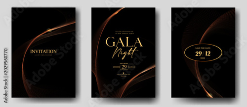 Luxury gala night invitation card set with sleek copper arc lines and elegant black premium background design for VIP celebration, poster, wedding and branding use