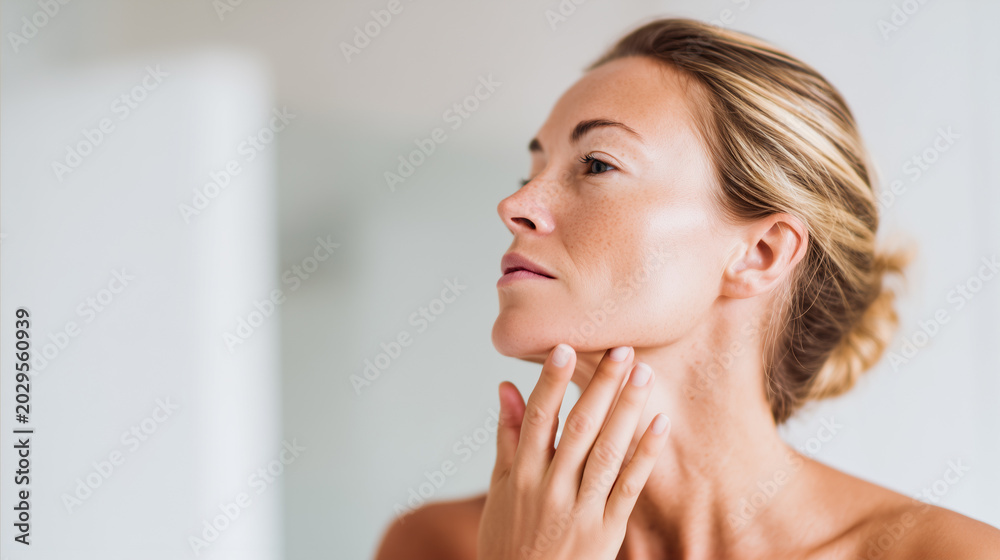 Fototapeta premium Young woman massages chin and jawline to lift double chin contour. Natural facial massage routine, skin tightening, anti-aging selfcare, morning glow, clean beauty ritual.