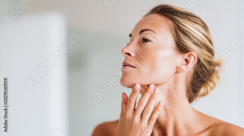 Young woman massages chin and jawline to lift double chin contour. Natural facial massage routine, skin tightening, anti-aging selfcare, morning glow, clean beauty ritual.