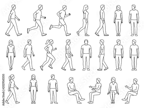 Photos Versatile CAD block library of diverse human figures walking, running, standing,
