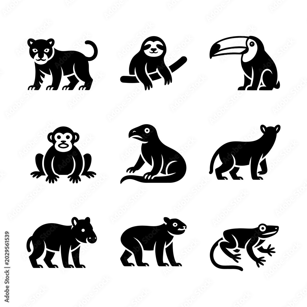 Fototapeta premium Vector illustration of various animals including a cat sloth toucan monkey penguin