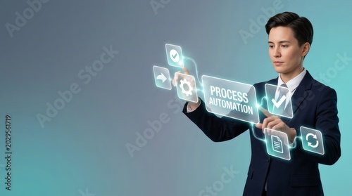 Process automation, business and woman with virtual interface for digital transformation, workflow management and corporate tech. Leader, innovation and software with futuristic dashboard for product