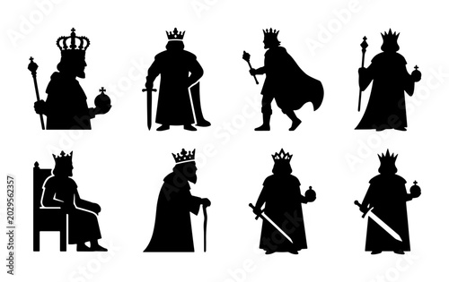 Royal King Silhouettes Collection: Regal Monarch Icons, Sceptre and Crown, Vector Set