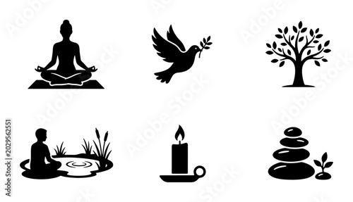 Zen Meditation Icons: Yoga, Peace Dove, Tree, Pond, Candle, Stones, Vector Set